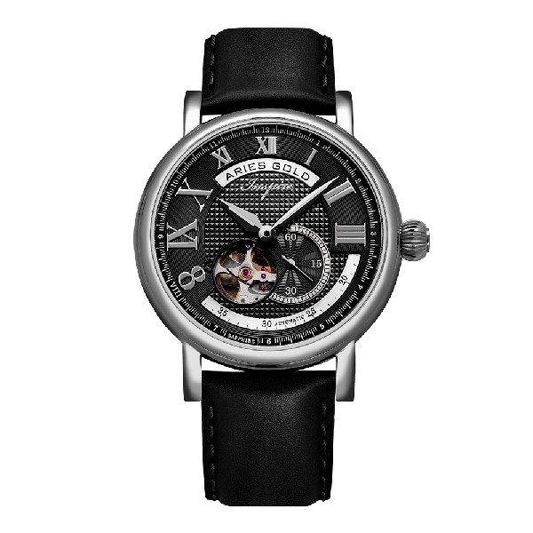 ARIES GOLD AUTOMATIC INSPIRE GAUNTLET VINTAGE SILVER STAINLESS STEEL G 903A S-BK BLACK LEATHER STRAP MEN'S WATCH